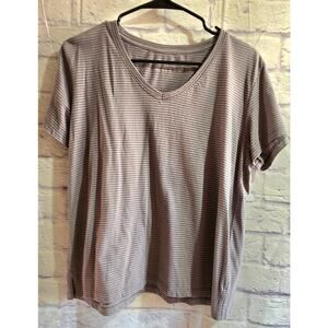 Eddie Bauer Gray Striped V-Neck Short Sleeve Women's Top Large Lightweight